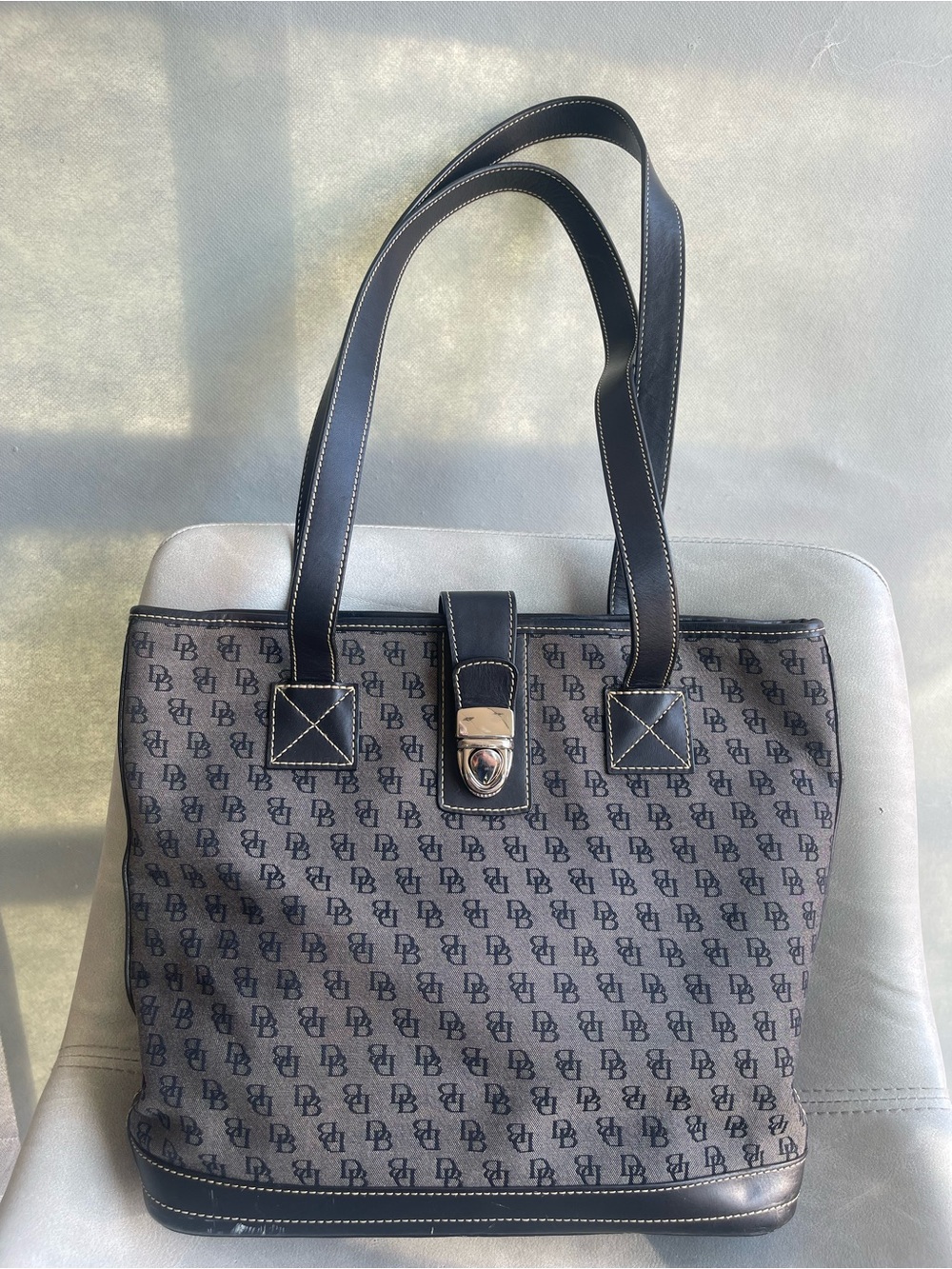 Dooney & Bourke Signature Monogram Tote Bag Grey Black Leather Trim Shoulder Bag